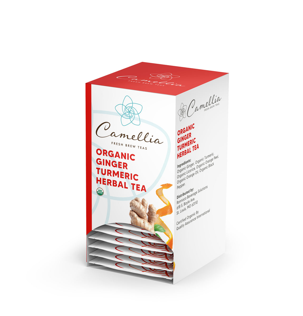Camellia Organic Ginger Turmeric Herbal Hot Tea Packets Ronnoco Coffee